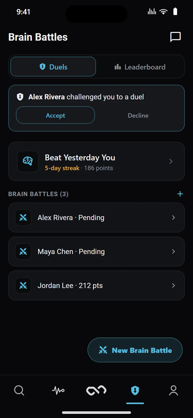 Brain Battles in the InfoTik app: a duel invite and a Beat Yesterday You streak