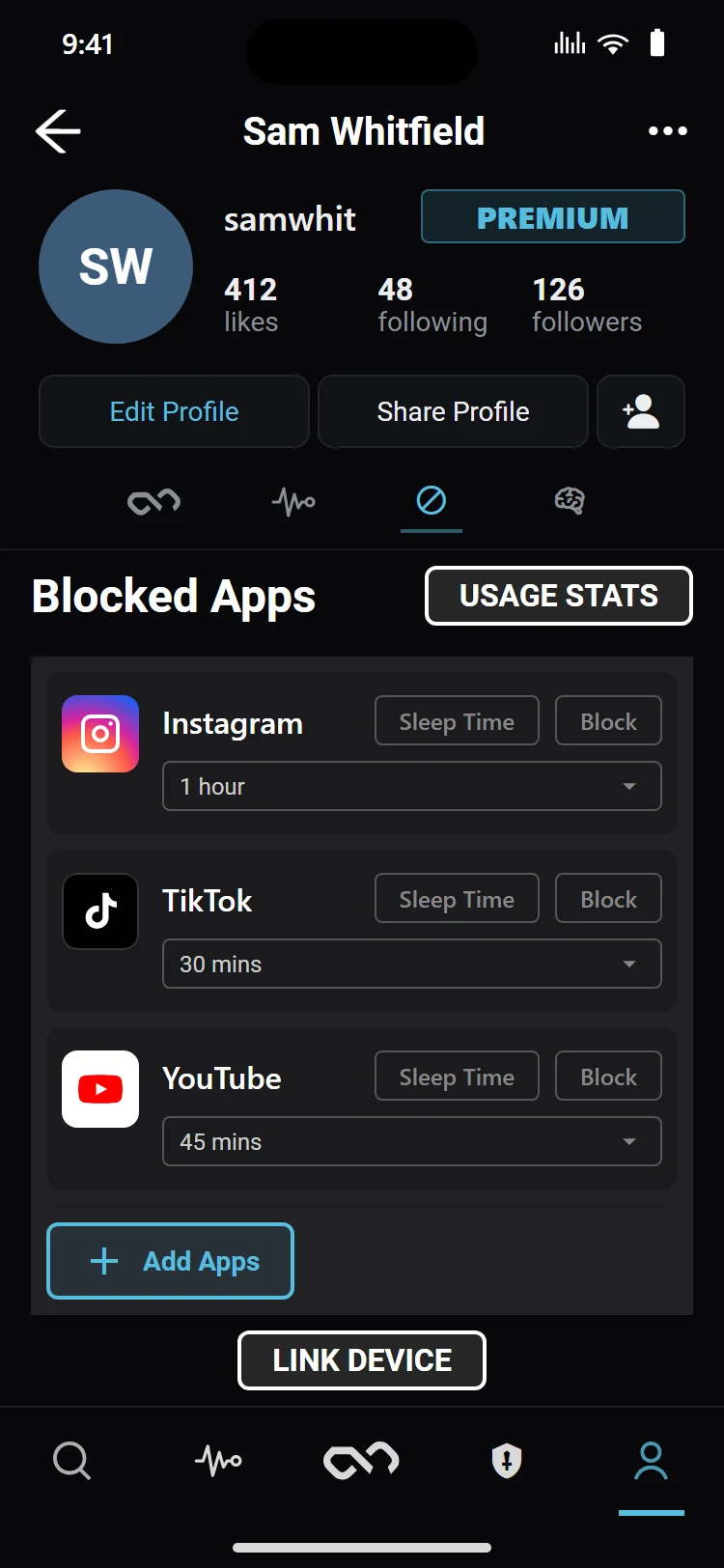 The Blocked Apps list with a daily limit for Instagram, TikTok, YouTube and X