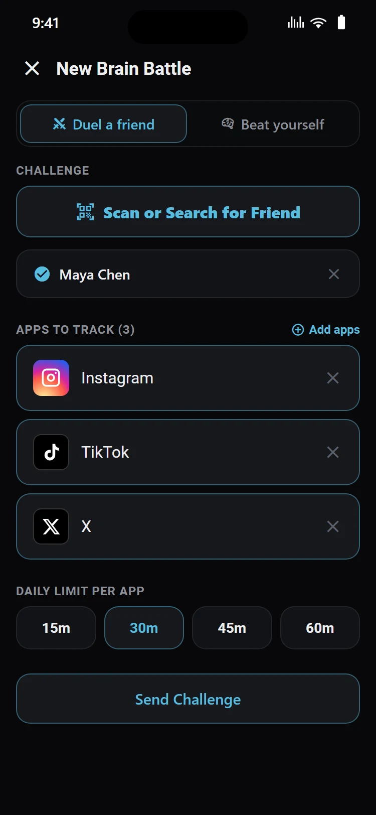 Creating a Brain Battle: pick a friend, the apps to track and a daily limit