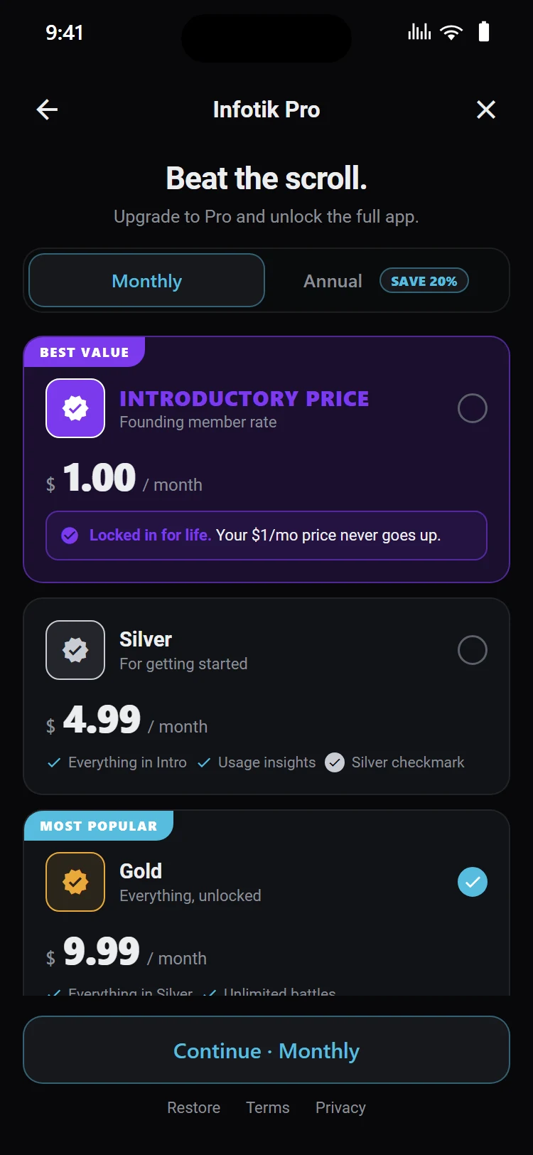 The InfoTik Pro upgrade screen with monthly and annual plans