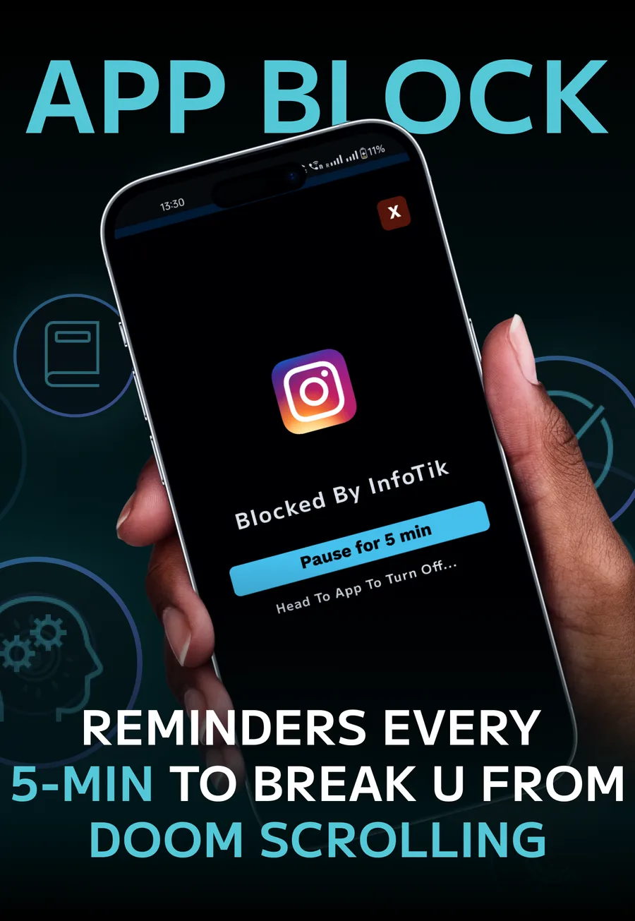 InfoTik App Block poster: reminders every 5 minutes to break you from doom scrolling